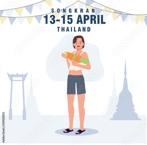 Thailand water Festival concept.(Songkran), woman holding water gun. Flat vector illustration