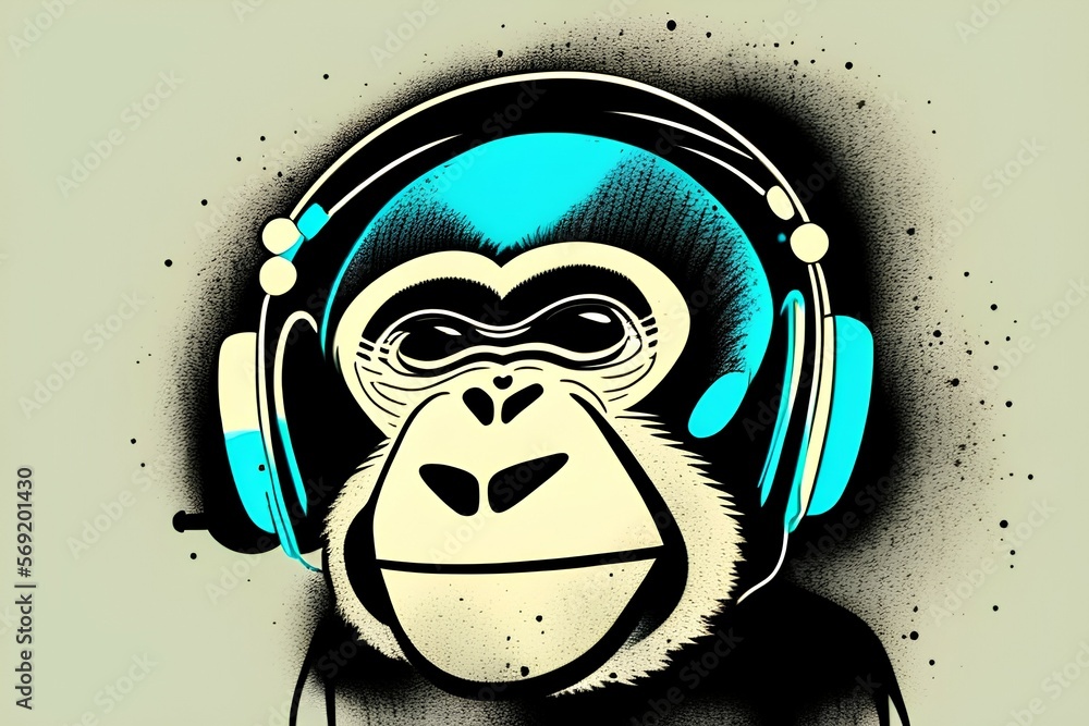 Monkey with headphones listening to music. Colored digital vector