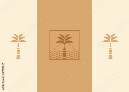 Palms, sea and sunrise vector set.  Elegant palm and beach logo design line icon vector in luxury style outline linear. Premium boutique, jewelry, vacation, tourism emblem logo design set.