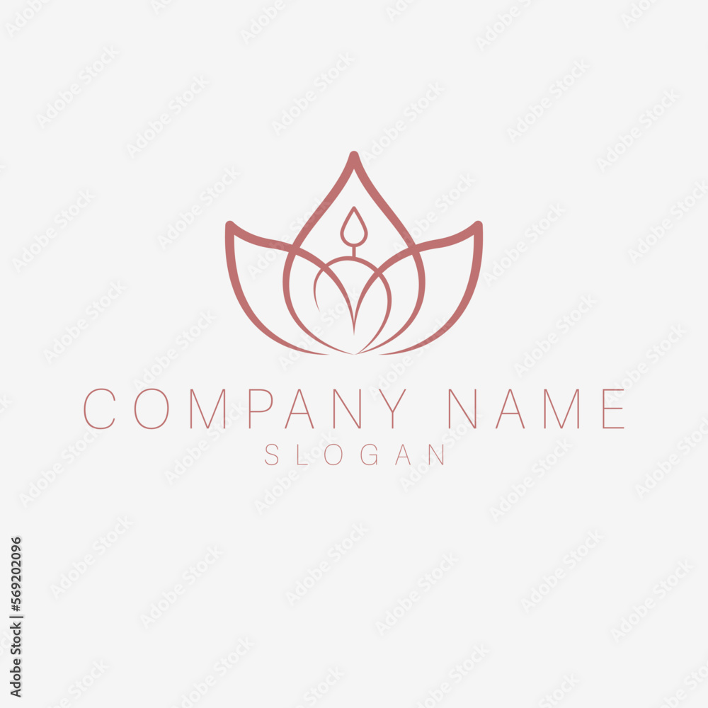 Hand drawn lotus and candle logo design. Luxury candle logo template. Flat logotype.