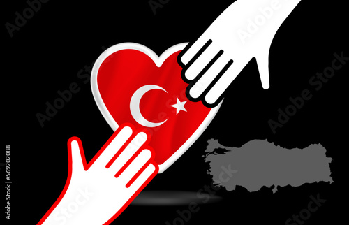 A helping hand for earthquake victims. In the heart. Turkish flag. Turkey earthquake. Major earthquakes in eastern Turkey on February 6, 2023.