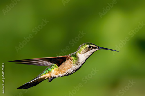 A hummingbird with its wings spread open.