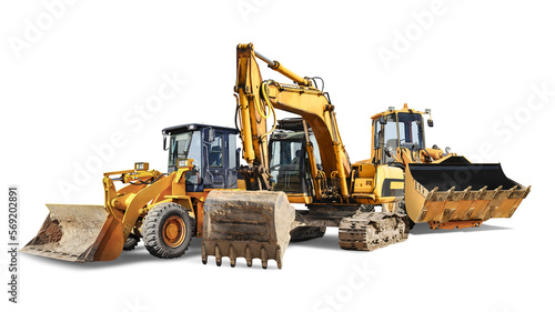 Excavator and two bulldozer loader close-up on a white isolated background.Construction equipment for earthworks. element for design. Rental of construction equipment.