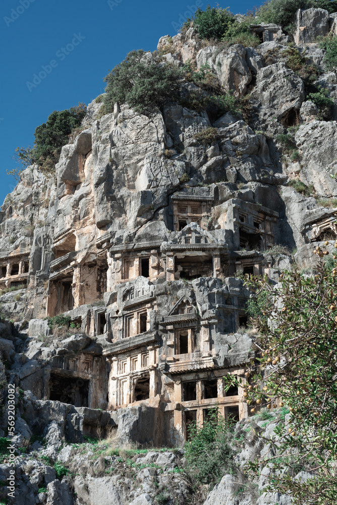 Ruins of Rock-cut tombs in ancient Lycian city of Myra. Lycian way, Demre, Antalya province, Turkey.