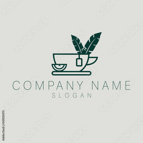 Cup of tea logo design template. Mug with tea with lemon and banana leaves logotype. Luxury tea flat logo template.