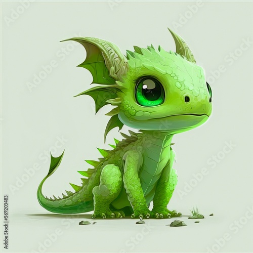 Pretty green dragon with blue eyes, cartoon character. Green baby dinosaur, pretty creature. © Hanna