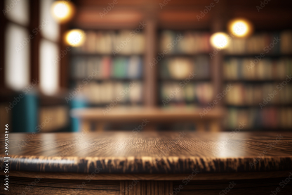 Wooden table in front of library background