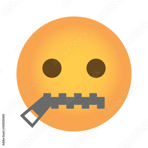 Zipper-Mouth Face vector emoji design. Isolated yellow face with simple, open eyes and a closed zipper for a mouth. Stop talking, secret sign design.