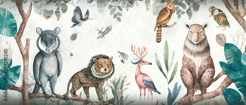 Imaginary animals in tropical jungle. Chilldren's book style. Pastels. Generative AI.