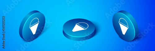 Isometric Fire cone bucket icon isolated on blue background. Metal cone bucket empty or with water for fire fighting. Blue circle button. Vector