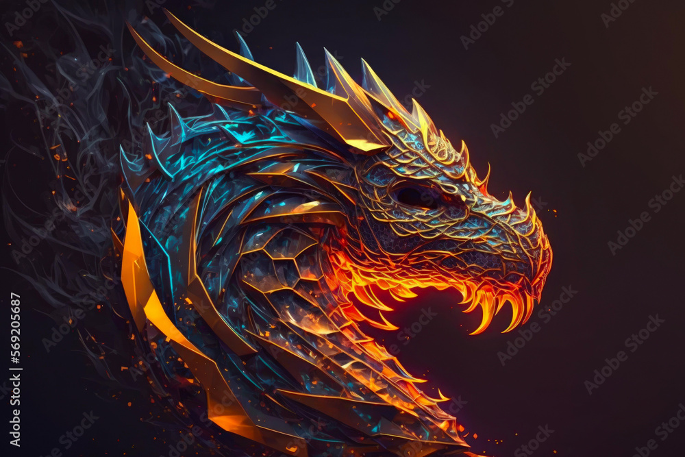 Fiery Dragon Head Illustration, Fantasy Creature Design Element on Black Background, AI Generative