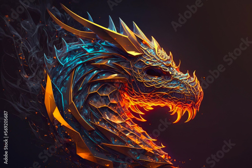 Fiery Dragon Head Illustration, Fantasy Creature Design Element on Black Background, AI Generative © Friedbert
