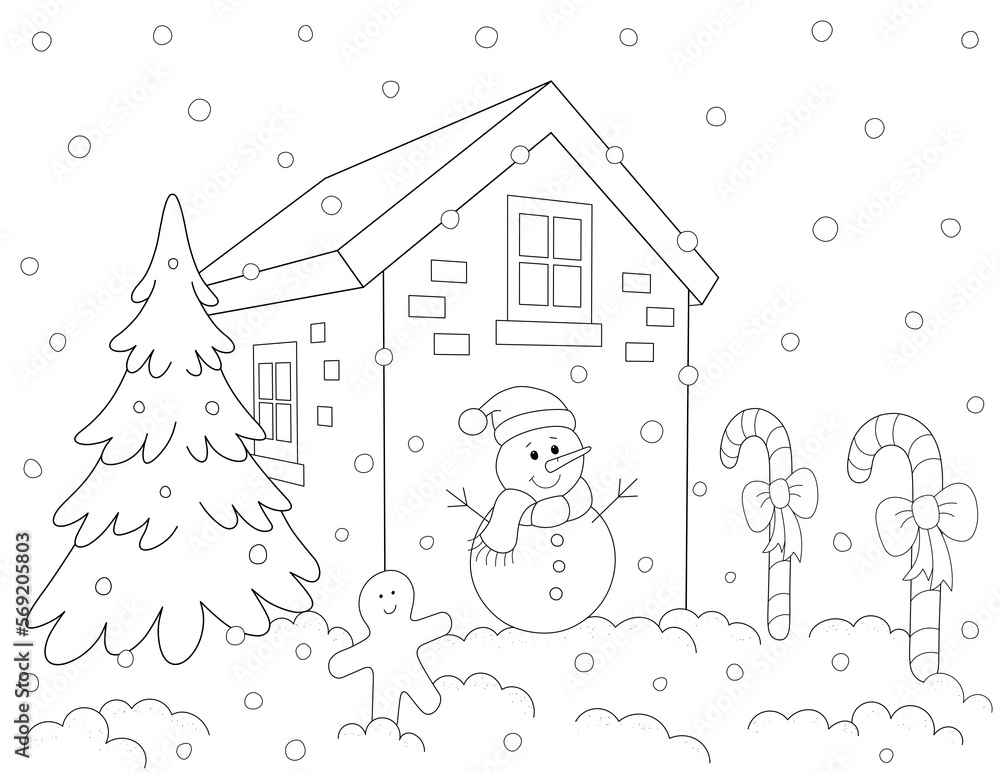 christmas coloring page. 3d house, snowman and more shapes to color ...