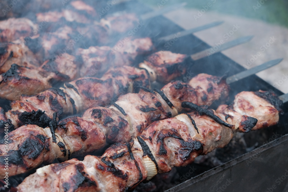 pork meat kebab on the grill close-up pork meat kebab on the grill close-up