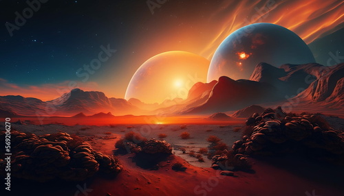 Fantasy Planet Landscape at Sunset. AI Generated Illustration.