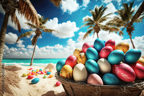 Easter eggs on sand beach with sea and blue sky. Vibrant colors. Generative AI