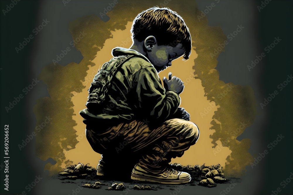 Child kneeling in prayer to god, vector. Generative AI. Stock ...