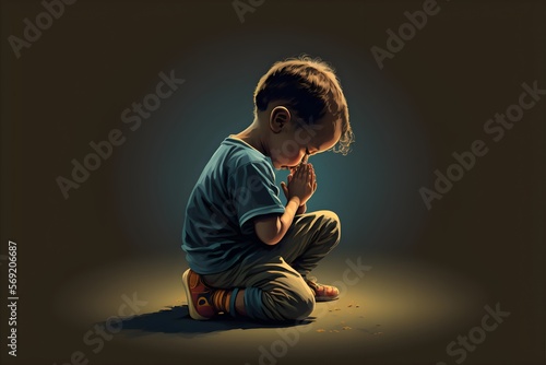 Child kneeling in prayer to god, vector. Generative AI. Fototapet