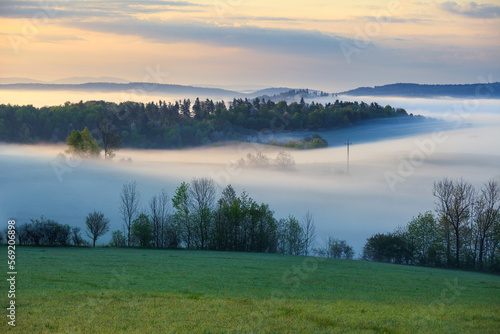 Fototapeta Naklejka Na Ścianę i Meble -  foggy spring morning in the mountains, Bieszczady