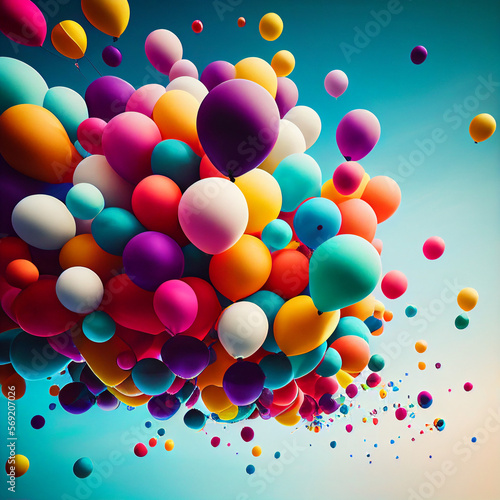 colorful balloons flying in the air, clear sky,, perfect for the background ,generative ai technology