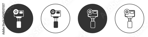 Black Action extreme camera icon isolated on white background. Video camera equipment for filming extreme sports. Circle button. Vector