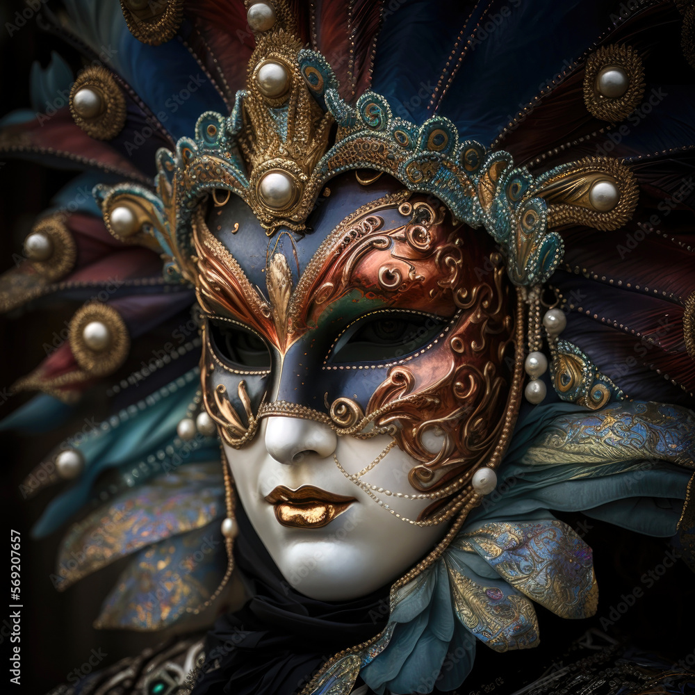 Traditional colored carnival mask of Venice, with beads and feathers, Generative AI
