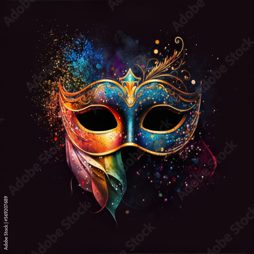 Traditional colored carnival mask of Venice, isolated on black, Generative AI