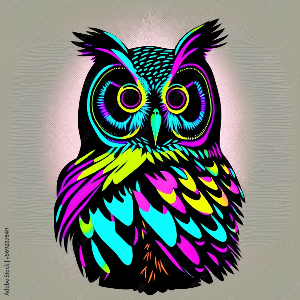 Obraz premium Owl. Abstract, neon, graphic portrait of an owl in the style of pop art on a black background. Digital vector drawing - generative ai
