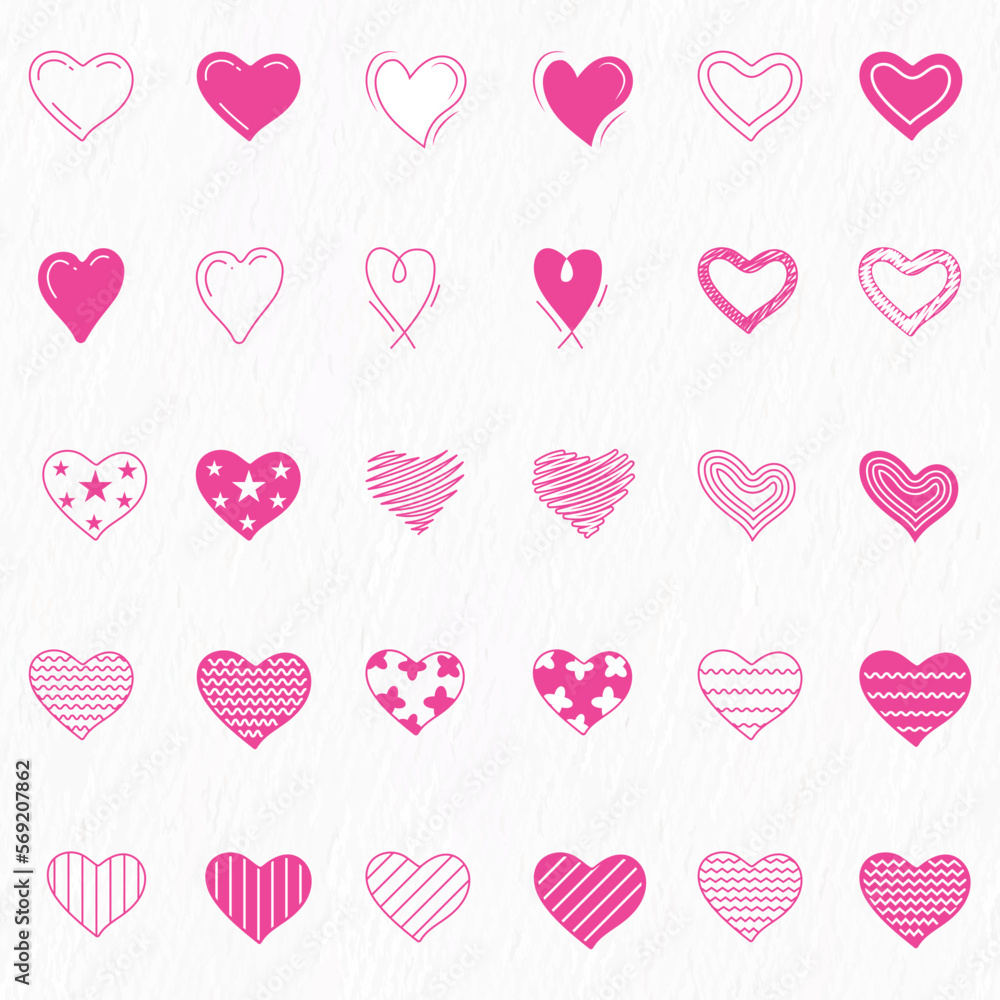 Heart Icons Set, hand drawn love icons, doodles and illustrations for valentines and wedding Background