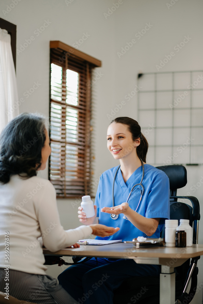 Senior woman being examined by a doctor in background. Healthcare and medical concept.. Senior woman being examined by a doctor in background. Healthcare and medical concept..