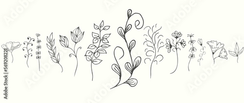 Floral branches for logo or decoration. Minimalistic wedding flowers, grass and leaves for invitation, save the date card. Hand drawing.