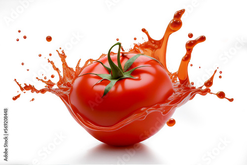 Close up red delicious fresh tomato with splashing tomato juice on white background. Food photography. With clipping path. Full depth of field.