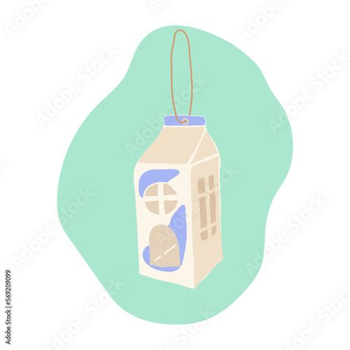 Milk carton DIY bird feeder. Reuse, upcycle, zero waste concept. Vector illustartion isolated on white background.