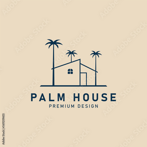 house with palm tree line art logo minimalist vector illustration design