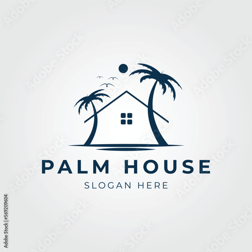 palm house line art logo tropical beach home vector illustration design