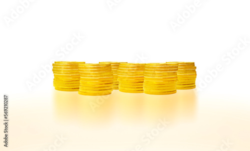 Stack of golden coins isolated on white background and reflection, 3D illustration.
