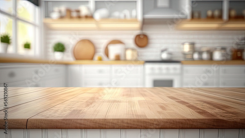 Wooden texture table top on blurred kitchen window background. For product display or design key visual layout. For showcase or montage your items (or foods). Product display mock up. Generative AI