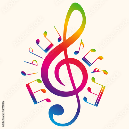 Colorful music notes, treble clef, musical symbols vector illustration.