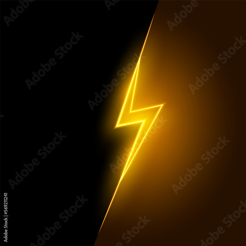 Neon lightning bolt, glowing sign on split background, isolated, vector illustration.
