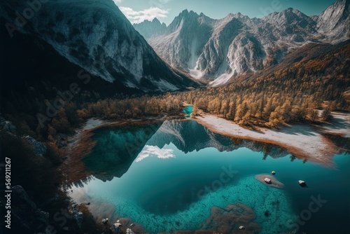 Albania's Valbona Valley National Park, seen from above, with its reflective waterways. Generative AI