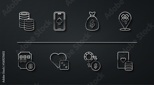 Set line Casino chips, Lottery ball on bingo card, slot machine with clover, exchange money, Game dice, Online poker table game, and playing cards and Money bag icon. Vector