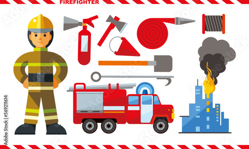 Fireman equipment flat icons collection with fireman, fire truck and fire extinguisher abstract isolated vector flat illustration.