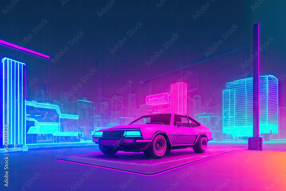 80s retro futuristic drive, vintage car. Synthwave sci-fi landscape. Retrowave style, night sky. Vaporwave. Generative AI