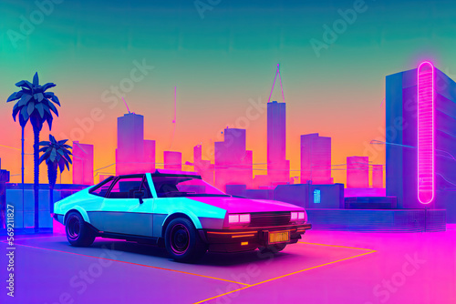 80s retro futuristic drive, vintage car. Synthwave sci-fi landscape. Retrowave style, night sky. Vaporwave. Generative AI