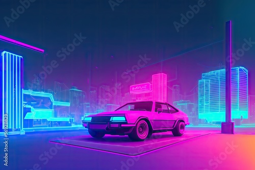 80s retro futuristic drive, vintage car. Synthwave sci-fi landscape. Retrowave style, night sky. Vaporwave. Generative AI