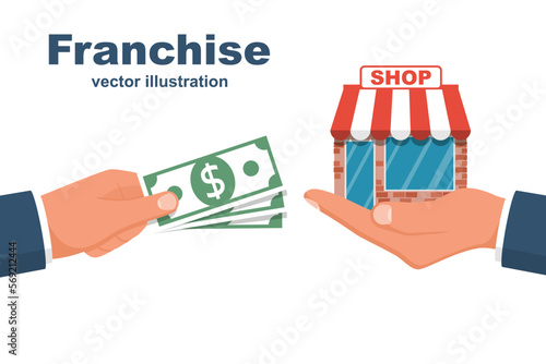 Franchise concept. Investor buys the store by agreement. Money in exchange for property rights. Purchase of an idea and license. Profitable franchise business. Vector illustration flat design.