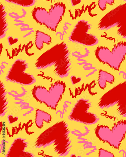 Abstract Hand Drawing Ikat Stitch Hearts and Hand Writing Love Text Seamless Vector Pattern Isolated Background