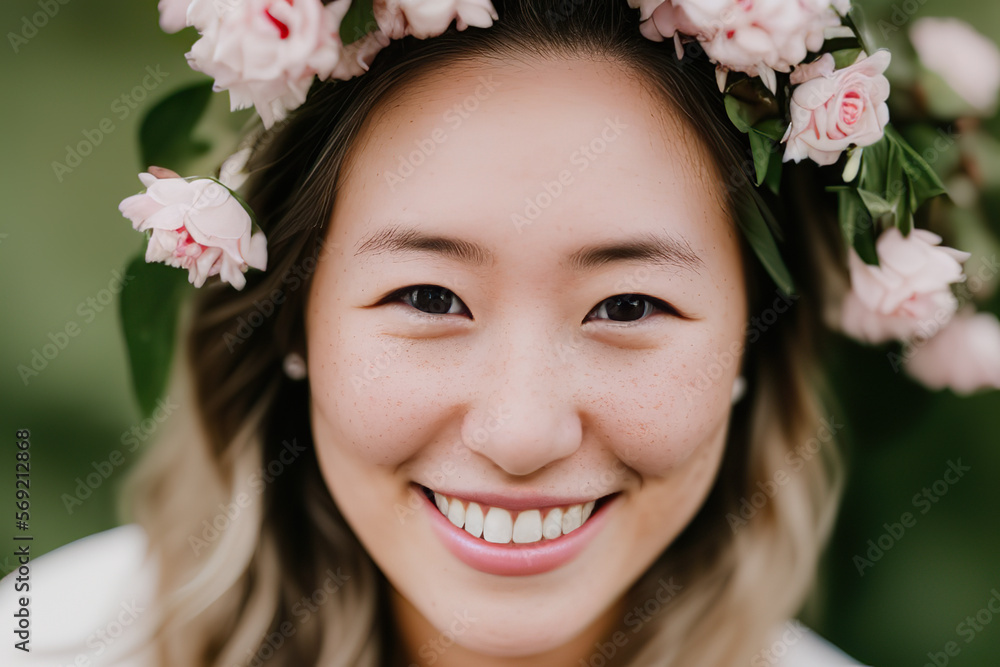Generative AI image of charming Asian woman with floral wreath Generative AI image of charming Asian woman with floral wreath