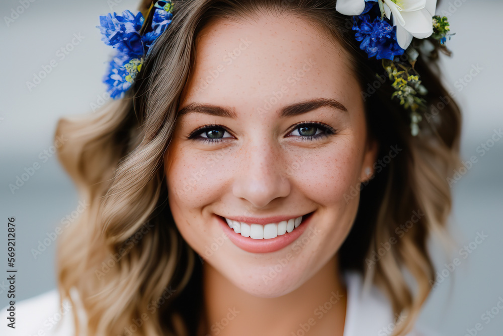 Generative AI image of cheerful woman in flower wreath Generative AI image of cheerful woman in flower wreath