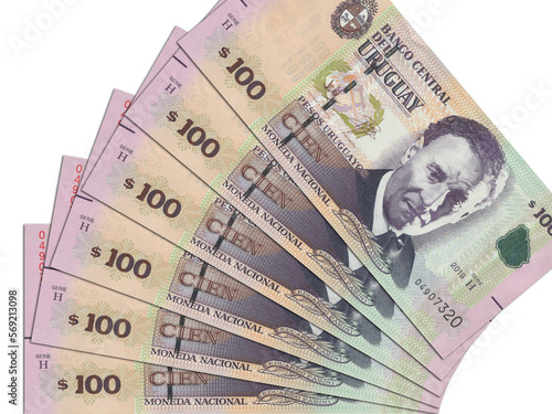 The Uruguayan currency - the Uruguayan peso. Macro view of Uruguay paper money. Close-up Uruguay money